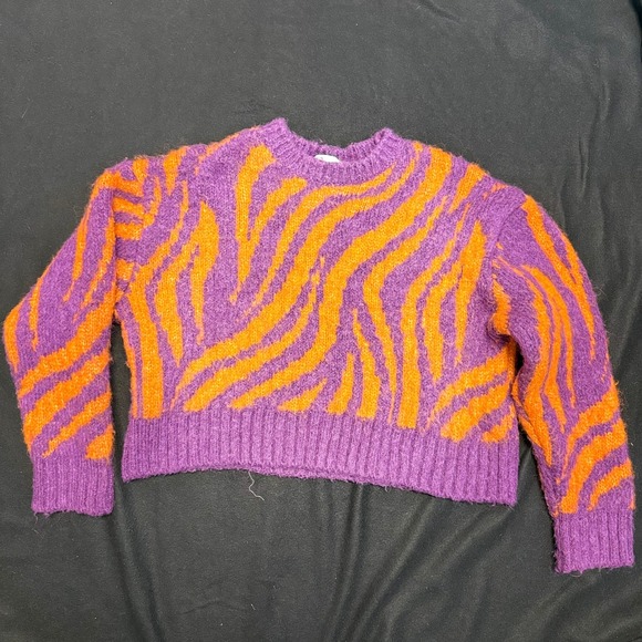 Zara Knit Sweater Orange Purple Zebra Striped Acrylic Blend Medium - Picture 1 of 4
